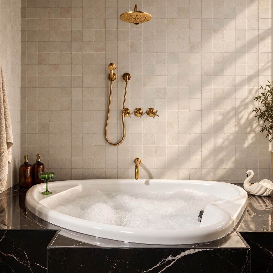 Unlaquered Brass Shower Set, Faucet and Handheld