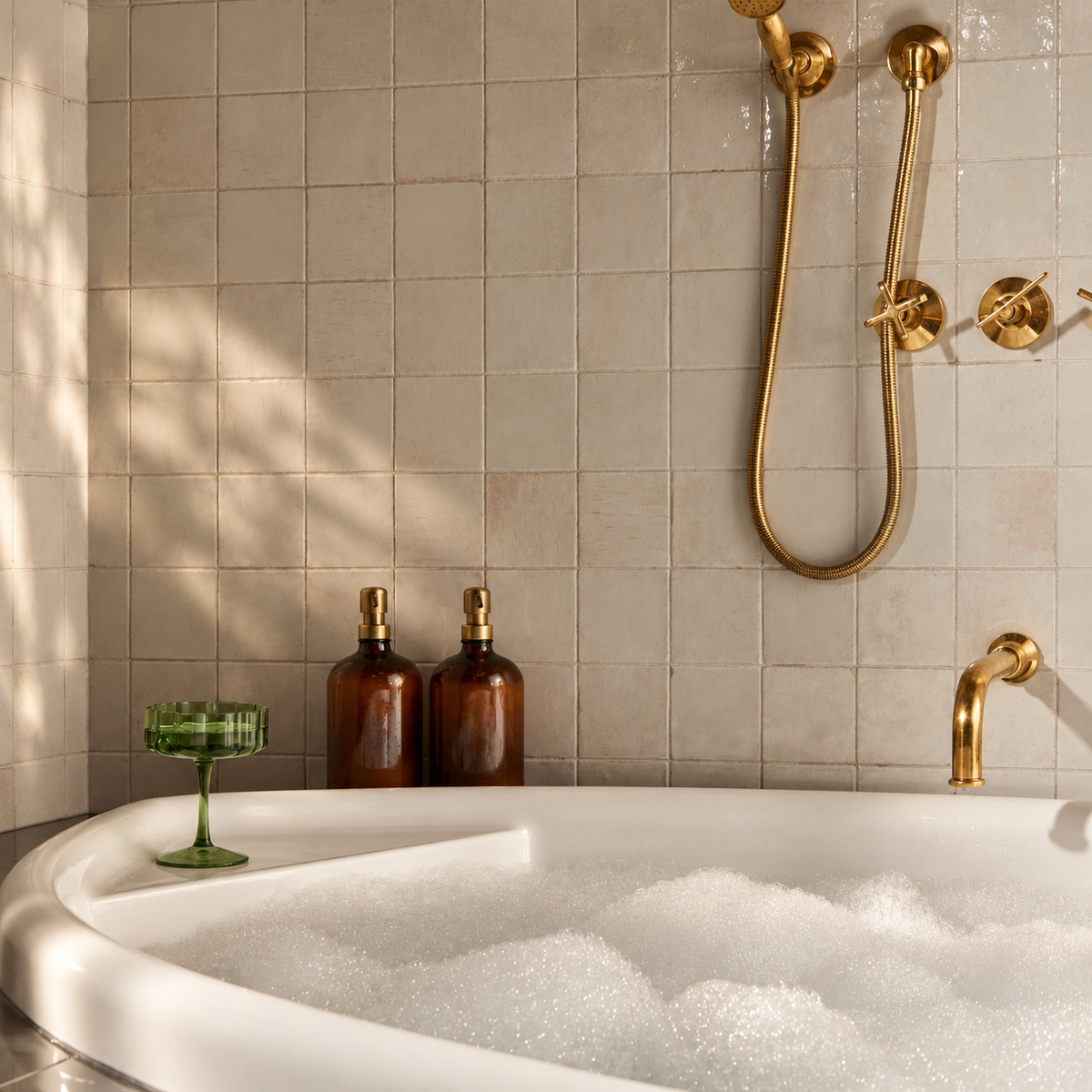 Unlaquered Brass Shower Set, Faucet and Handheld