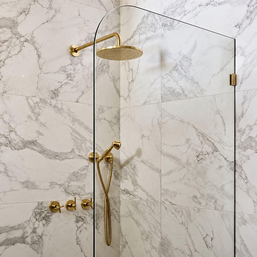 Unlaquered Brass Shower Set, Faucet and Handheld